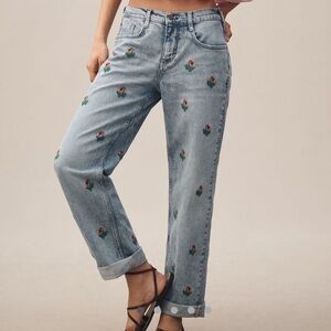 Pilcro Blue Boyfriend Jeans with Floral Embroidery